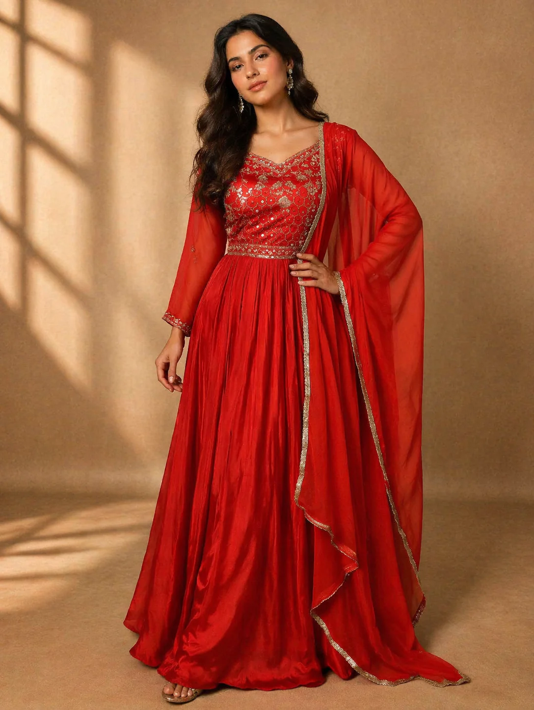Red Floral Embroidery Semi Silk Gown